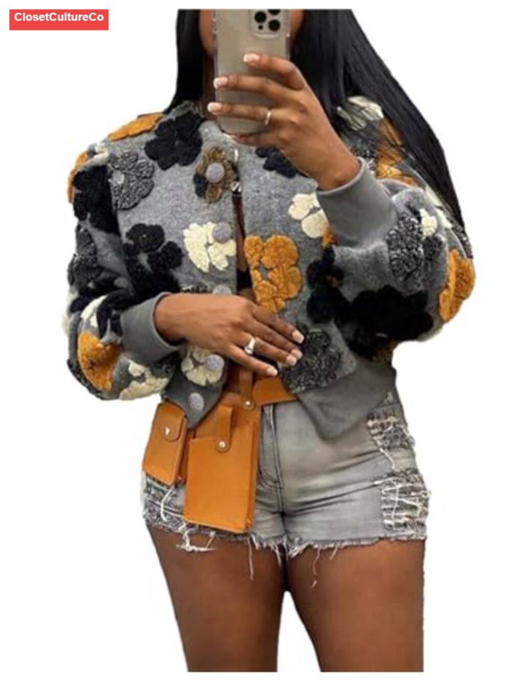 Cropped Fleece Bomber Jacket Floral Print Sherpa Coat Button Down